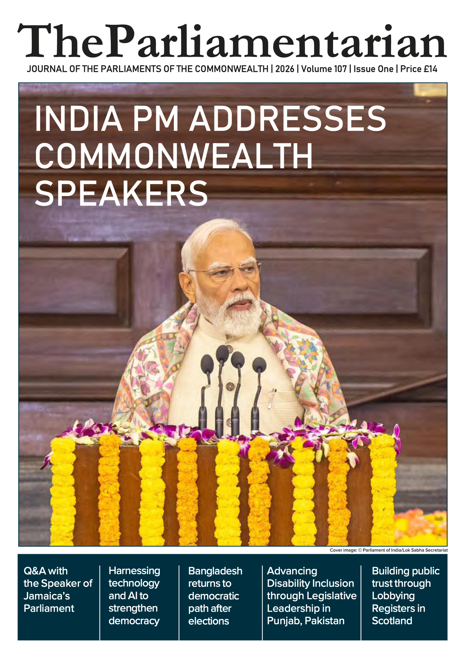 Front cover of The Parliamentarian, Journal of the Parliaments of the Commonwealth, 2026 Volume 107 Issue One — Harnessing Technology and AI to Strengthen Democracy.